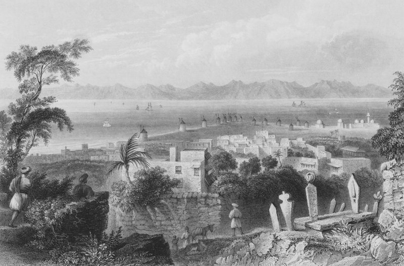 Rhodos, das antike Dodanim, mit dem Kanal zwischen der Insel und Kleinasien von William Henry Bartlett