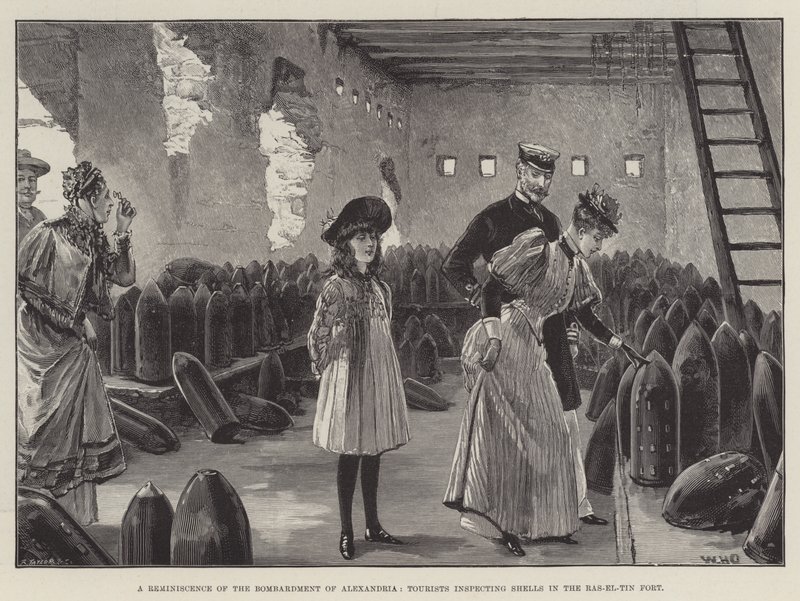 Eine Erinnerung an die Bombardierung von Alexandria, Touristen inspizieren Granaten im Ras-el-Tin-Fort von William Heysham Overend