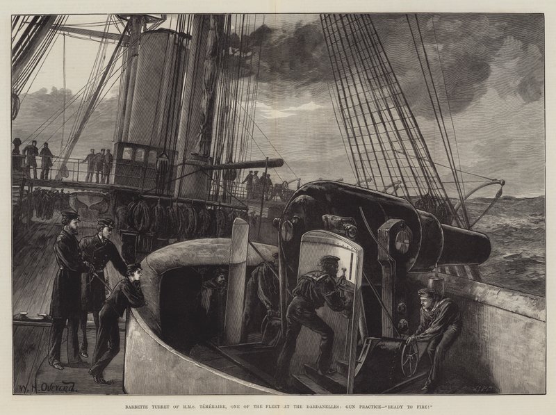 Barbette-Turm der HMS Temeraire, einer der Flotte in den Dardanellen, Schießübung, bereit zum Feuern! von William Heysham Overend