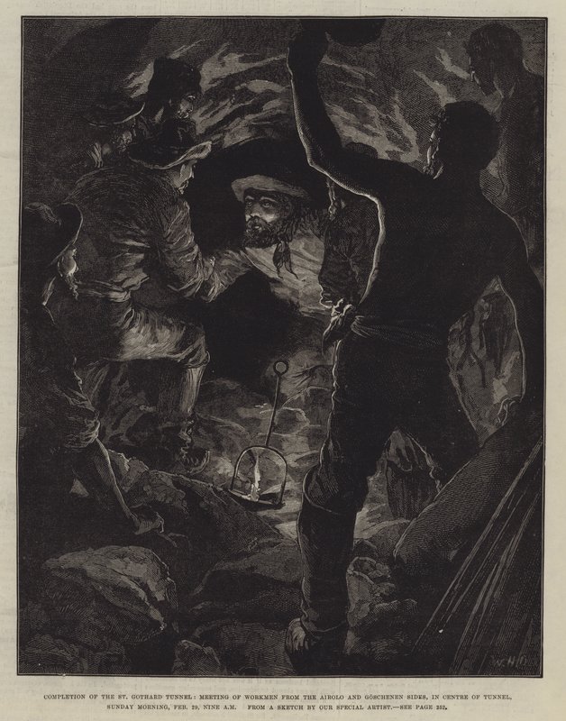 Fertigstellung des St. Gotthard-Tunnels, Treffen der Arbeiter von der Airolo- und Goschenen-Seite im Zentrum des Tunnels, Sonntagmorgen, 29. Februar, neun Uhr von William Heysham Overend