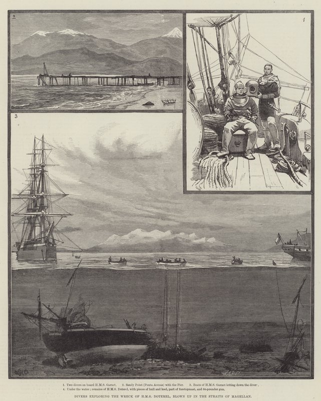 Taucher erkunden das Wrack der HMS Doterel, die in der Magellanstraße explodierte von William Heysham Overend