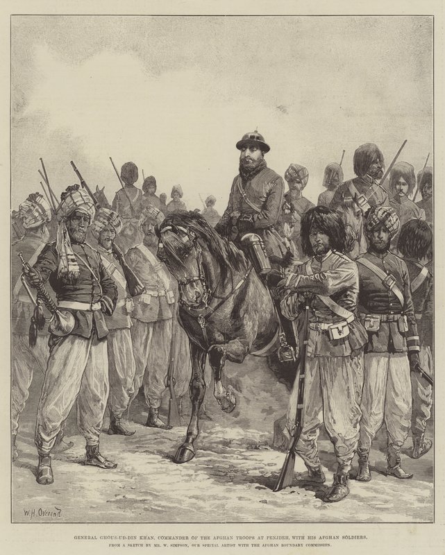 General Ghous-ud-din Khan, Kommandeur der afghanischen Truppen in Penjdeh, mit seinen afghanischen Soldaten von William Heysham Overend