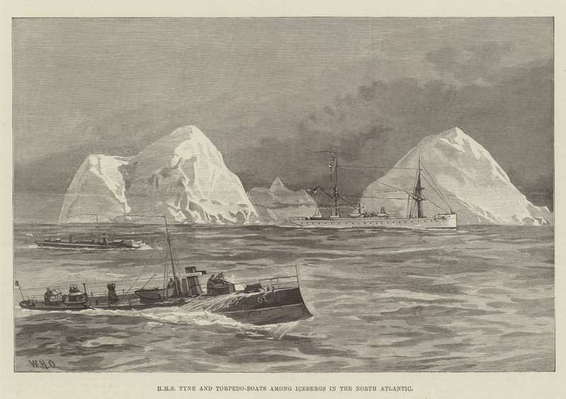 HMS Tyne und Torpedoboote zwischen Eisbergen im Nordatlantik von William Heysham Overend