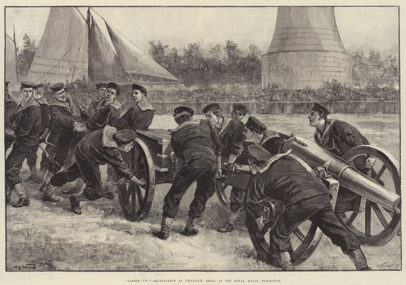 Limber Up! Bluejackets bei der Feldkanonenübung auf der Royal Naval Exhibition von William Heysham Overend