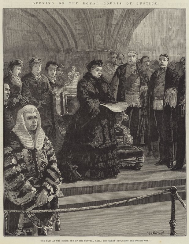 Eröffnung der Royal Courts of Justice, das Podium am Nordende der Zentralhalle, die Königin erklärt die Gerichte für eröffnet von William Heysham Overend