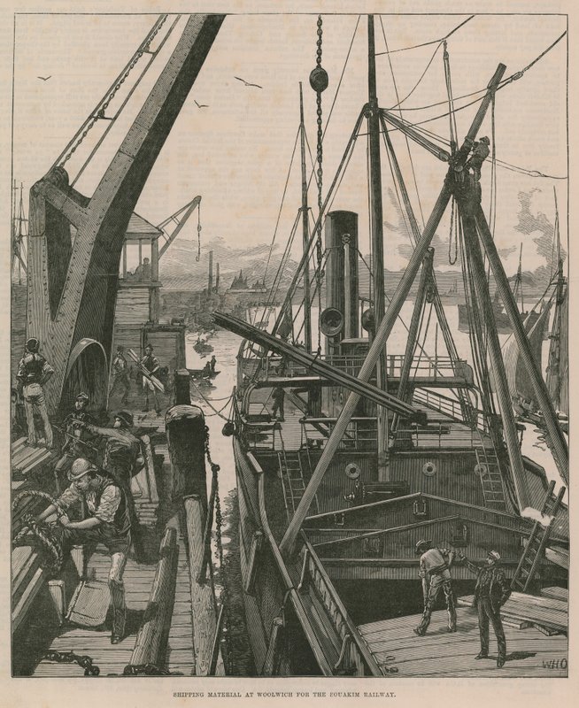 Materialverladung in Woolwich für die Souakim-Bahn (Stich) von William Heysham Overend