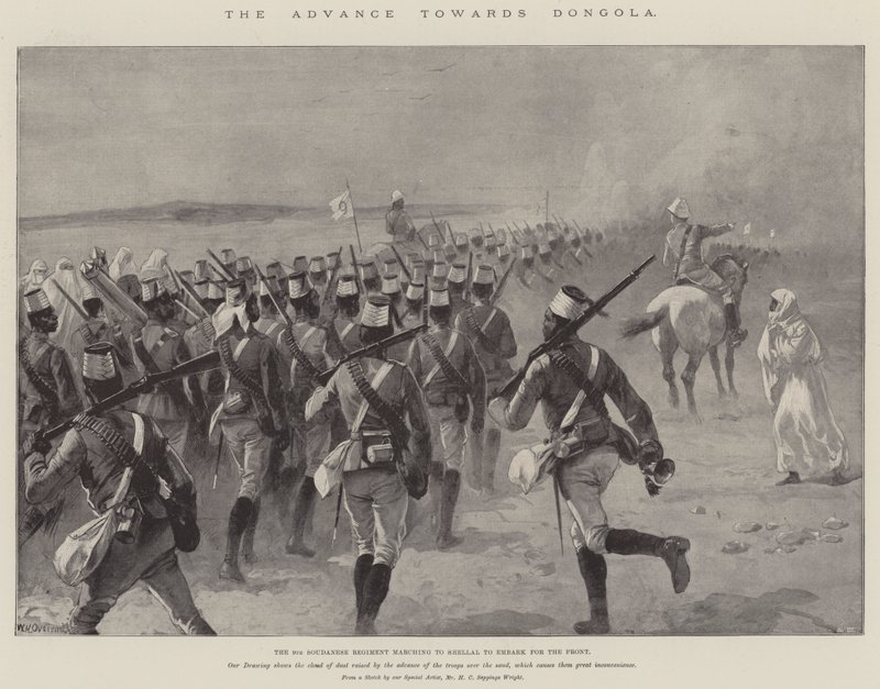 Der Vormarsch nach Dongola, das 9. sudanesische Regiment marschiert nach Shellal, um an die Front zu gehen von William Heysham Overend