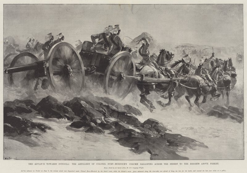 Der Vormarsch nach Dongola, die Artillerie von Oberst Burn-Murdochs Kolonne galoppiert über die Wüste zu den Höhen über Ferket von William Heysham Overend