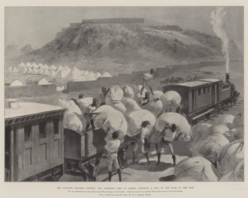 Der Vormarsch nach Dongola, das befestigte Lager in Sarras, das einen Hügel am Ufer des Nils krönt von William Heysham Overend