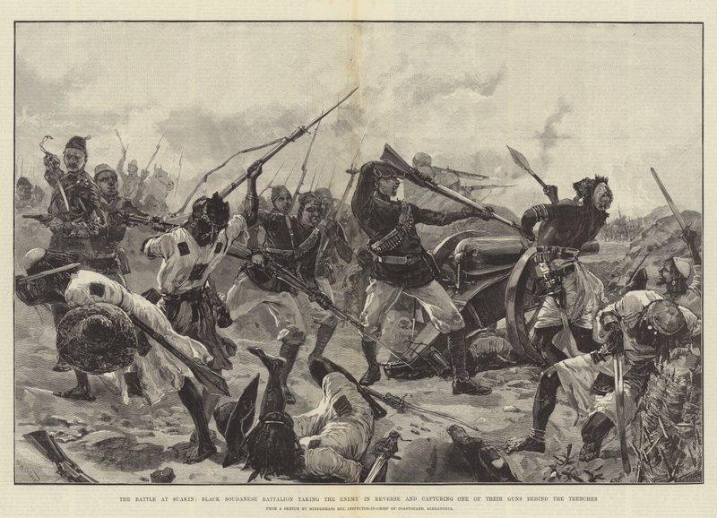 Die Schlacht bei Suakin, Schwarzes Sudan-Bataillon nimmt den Feind in die Zange und erobert eine ihrer Kanonen hinter den Schützengräben von William Heysham Overend