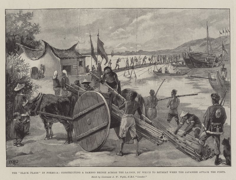 Die schwarzen Flaggen in Formosa, Bau einer Bambusbrücke über die Lagune, um sich beim Angriff der Japaner auf die Forts zurückzuziehen von William Heysham Overend