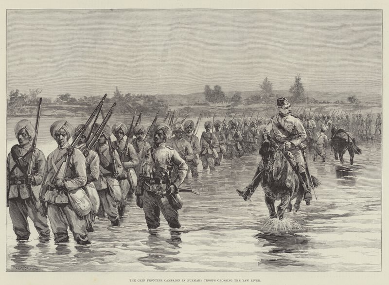 Die Chin-Grenzkampagne in Burma, Truppen überqueren den Yaw-Fluss von William Heysham Overend