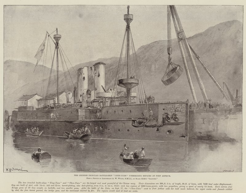 Das chinesische Panzerschiff Chen-Yuen bei Reparaturen in Port Arthur von William Heysham Overend