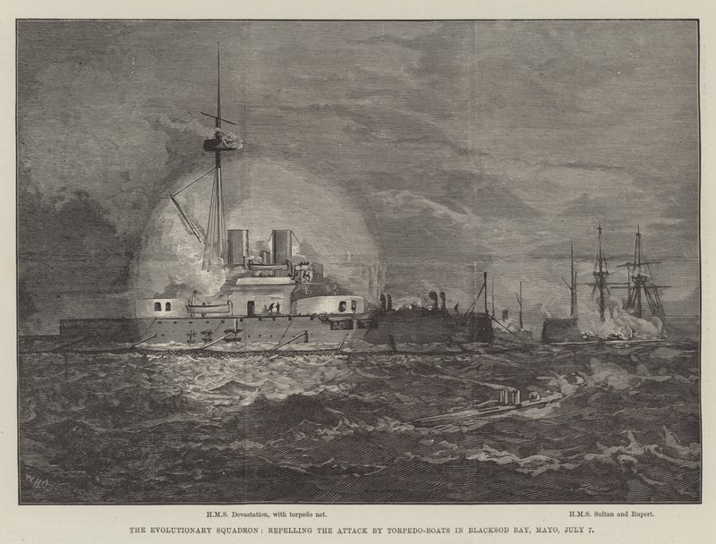 Das evolutionäre Geschwader, Abwehr des Angriffs durch Torpedoboote in der Blacksod Bay, Mayo, 7. Juli von William Heysham Overend