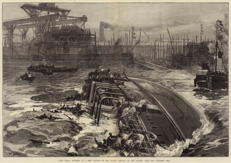 Die große Katastrophe bei einem Schiffsstapellauf am Clyde, Untergang der Daphne mit zweihundert Männern von William Heysham Overend