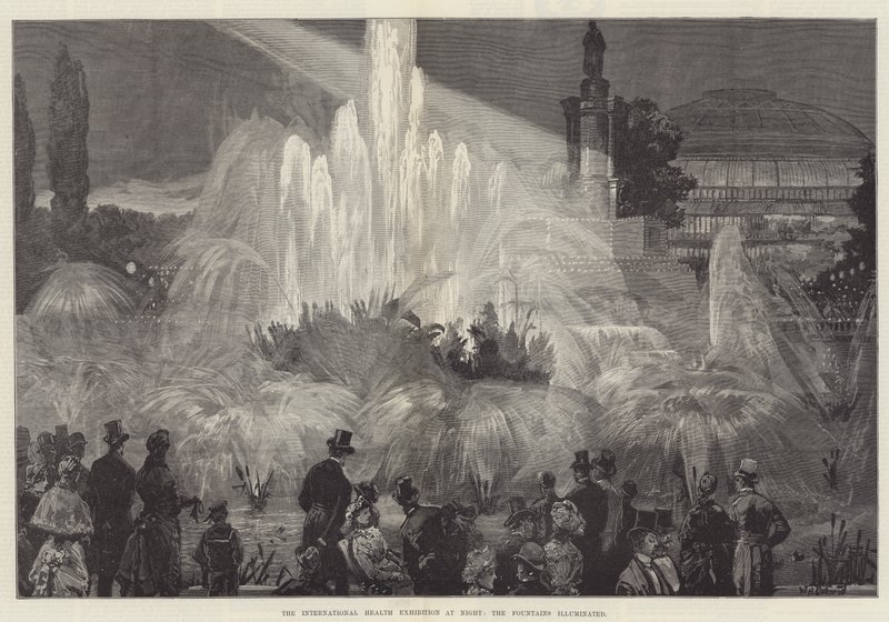 Die Internationale Gesundheitsausstellung bei Nacht, die beleuchteten Brunnen von William Heysham Overend