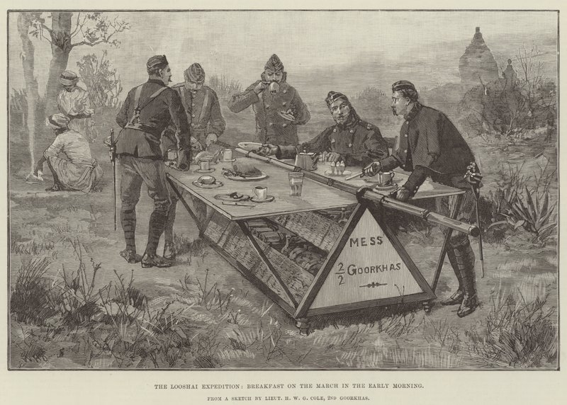 Die Looshai-Expedition, Frühstück auf dem Marsch am frühen Morgen von William Heysham Overend