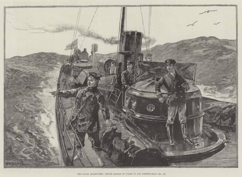 Die Marine-Manöver, Prinz George von Wales in seinem Torpedoboot (Nr. 79) von William Heysham Overend