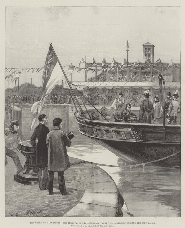 Die Königin in Manchester, Ihre Majestät auf der Admiralitätsyacht Enchantress, eröffnet den Schiffskanal von William Heysham Overend