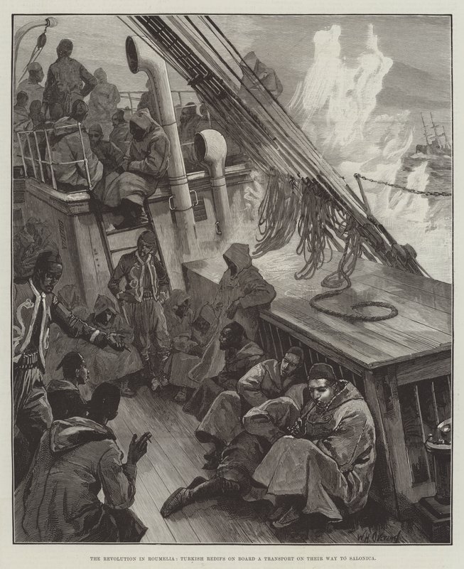 Die Revolution in Rumelien, türkische Redifs an Bord eines Transports auf dem Weg nach Saloniki von William Heysham Overend