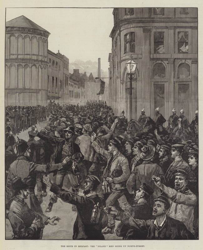 Die Unruhen in Belfast, die Inselmänner gehen die North-Street hinauf von William Heysham Overend