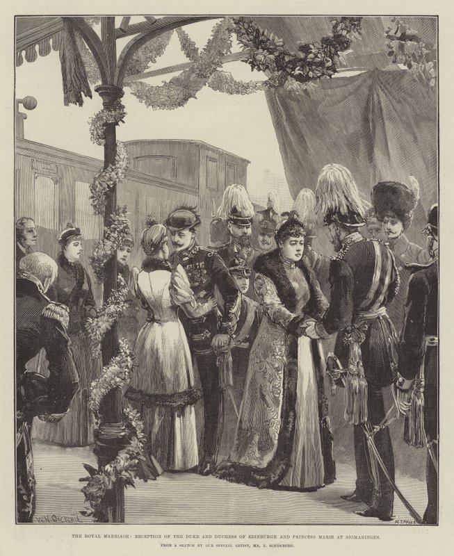 Die königliche Hochzeit, Empfang des Herzogs und der Herzogin von Edinburgh und Prinzessin Marie in Sigmaringen von William Heysham Overend