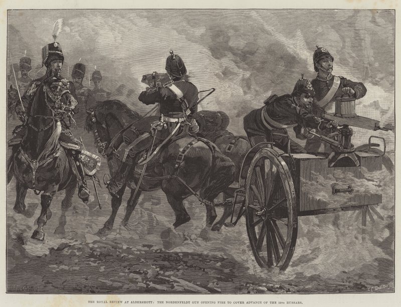 Die königliche Überprüfung in Aldershott, die Nordenfeldt-Kanone eröffnet das Feuer zur Deckung des Vormarsches der 10. Husaren von William Heysham Overend