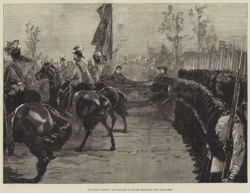 Die königliche Überprüfung, die Brigade der Wachen marschiert an der Königin vorbei von William Heysham Overend
