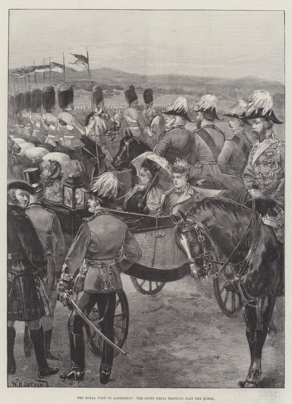Der königliche Besuch in Aldershot, die Scots Greys traben an der Königin vorbei von William Heysham Overend