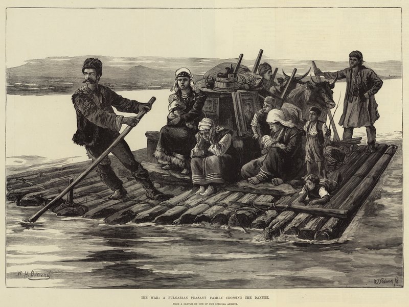 Der Krieg, eine bulgarische Bauernfamilie überquert die Donau von William Heysham Overend