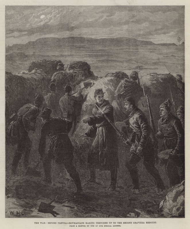 Der Krieg, vor Plewna, Rumänen graben Gräben bis zum zweiten Gravitza-Reduit von William Heysham Overend