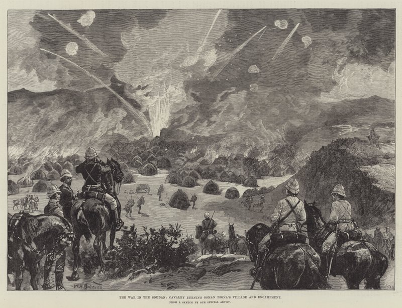 Der Krieg im Sudan, Kavallerie brennt das Dorf und Lager von Osman Digna nieder von William Heysham Overend
