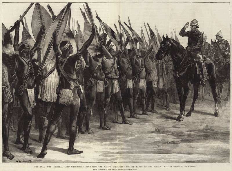 Der Zulukrieg, General Lord Chelmsford überprüft das einheimische Kontingent am Ufer des Tugela, Einheimische rufen H-H-Ooo! von William Heysham Overend