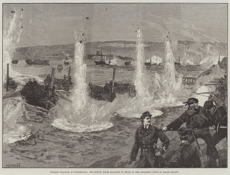 Torpedoübungen in Portsmouth, Sprengung von Schießbaumwollminen vor den angreifenden Booten auf Whale Island von William Heysham Overend