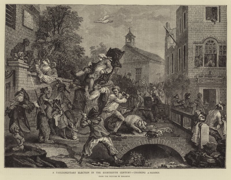 Eine Parlamentswahl im achtzehnten Jahrhundert, ein Mitglied wird getragen von William Hogarth