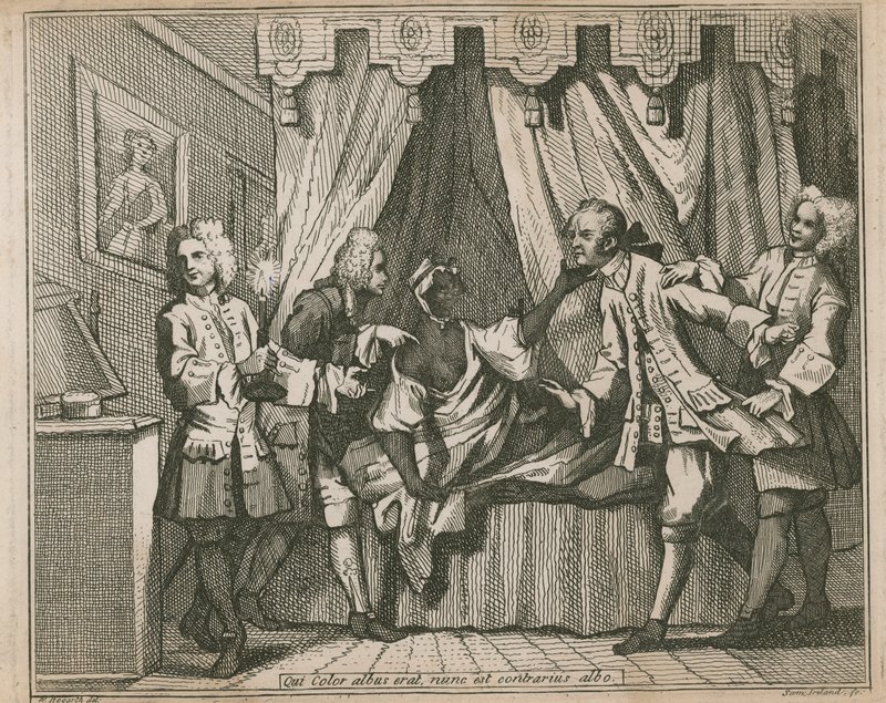 Qui color albus nunc erat, est contrarius albo; Vier Männer konfrontieren eine schwarze Frau in ihrem Schlafzimmer von William Hogarth