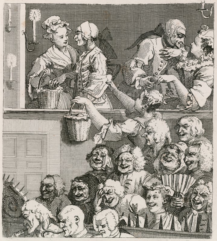 Das lachende Publikum. Hogarths Ansicht von Drury Lane mit Orangenverkäuferinnen im Jahr 1733 von William Hogarth