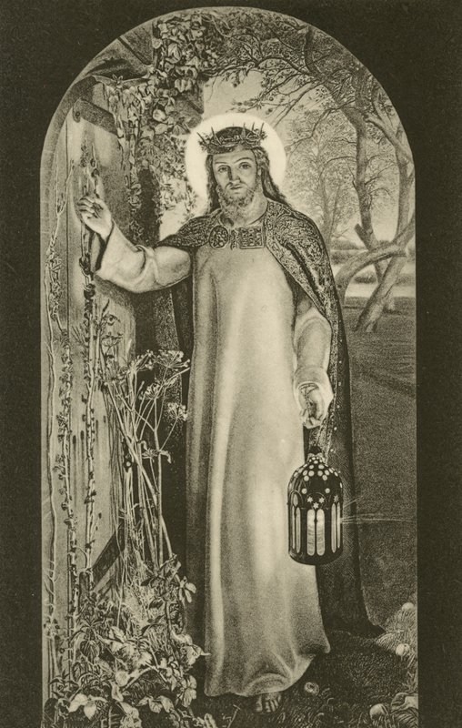 Das Licht der Welt, Gemälde im Keble College, Oxford, Oxfordshire, zeigt Christus mit einer Laterne und an eine Tür klopfend (s/w Foto) von William Holman (after) Hunt
