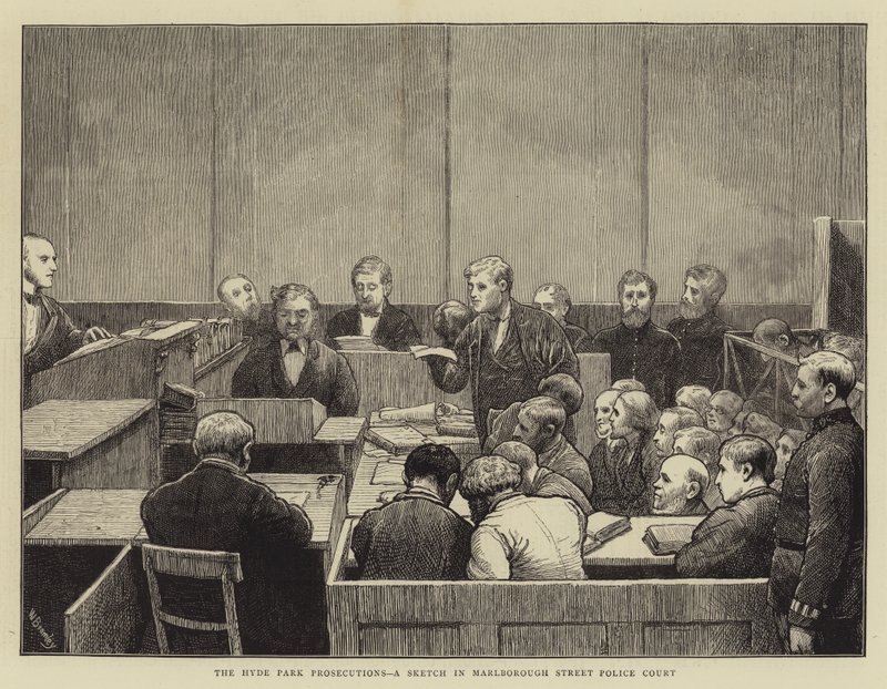 Die Hyde Park Verfolgungen, eine Skizze im Marlborough Street Police Court von William III Bromley