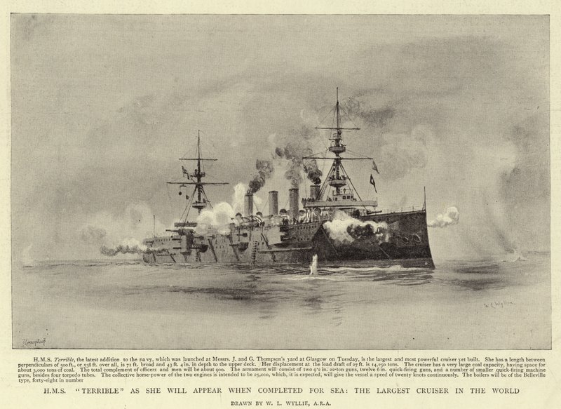 HMS Terrible, wie sie nach Fertigstellung für die See erscheinen wird, der größte Kreuzer der Welt von William Lionel Wyllie