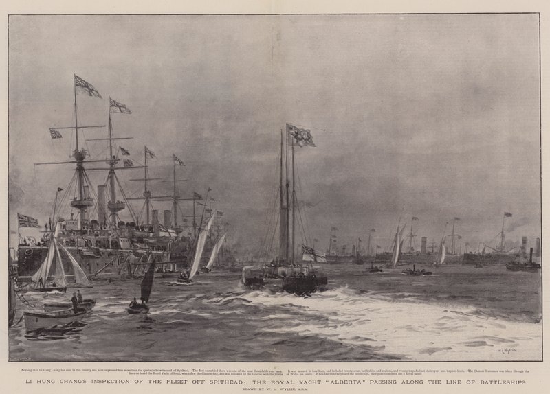 Li Hung Changs Inspektion der Flotte vor Spithead, die königliche Yacht Alberta passiert die Schlachtschiffe von William Lionel Wyllie