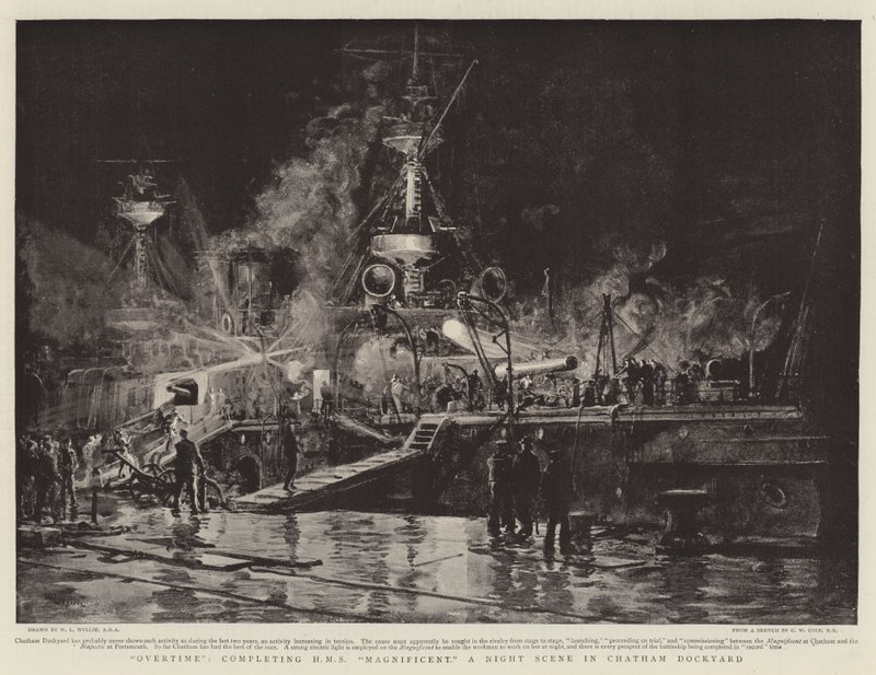 Überstunden, Fertigstellung der HMS Magnificent, eine Nachtszene in der Werft von Chatham von William Lionel Wyllie