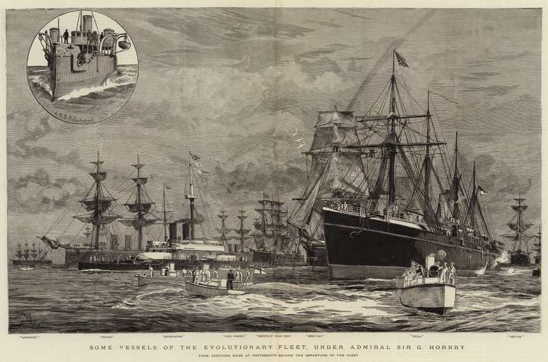Einige Schiffe der Evolutionsflotte, unter Admiral Sir G. Hornby von William Lionel Wyllie