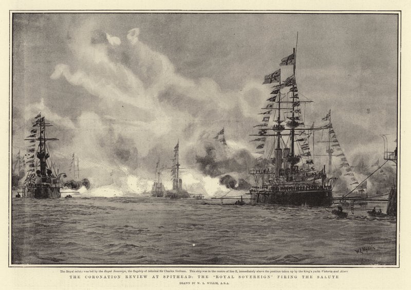 Die Krönungsparade in Spithead, die Royal Sovereign feuert den Salut von William Lionel Wyllie