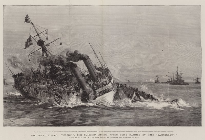 Der Verlust der HMS Victoria, das Flaggschiff sinkt nach der Kollision mit der HMS Camperdown von William Lionel Wyllie