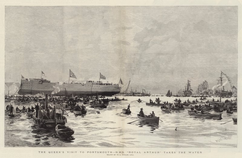 Der Besuch der Königin in Portsmouth, HMS Royal Arthur nimmt das Wasser von William Lionel Wyllie