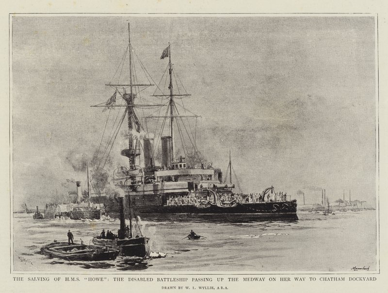 Die Bergung der HMS Howe, das behinderte Schlachtschiff passiert den Medway auf dem Weg zur Chatham-Werft von William Lionel Wyllie