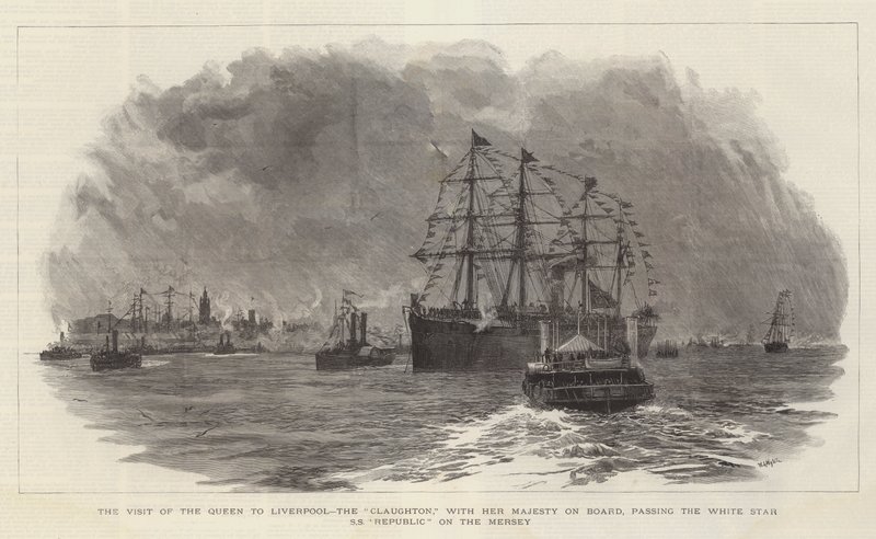 Der Besuch der Königin in Liverpool, die Claughton, mit Ihrer Majestät an Bord, passiert die White Star SS Republic auf dem Mersey von William Lionel Wyllie