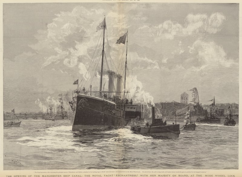 Die Eröffnung des Manchester Ship Canal, die königliche Yacht Enchantress mit Ihrer Majestät an Bord, an der Mode Wheel Lock von William Lionel Wyllie