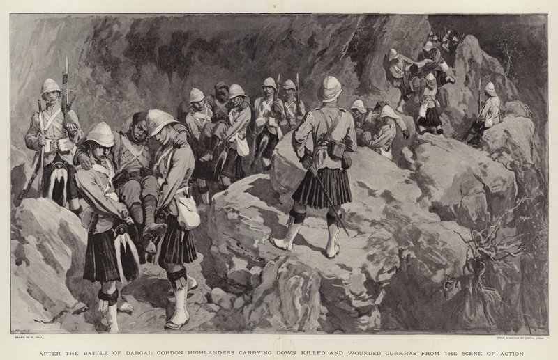 Nach der Schlacht von Dargai, Gordon Highlanders tragen getötete und verwundete Gurkhas vom Schlachtfeld von William Small